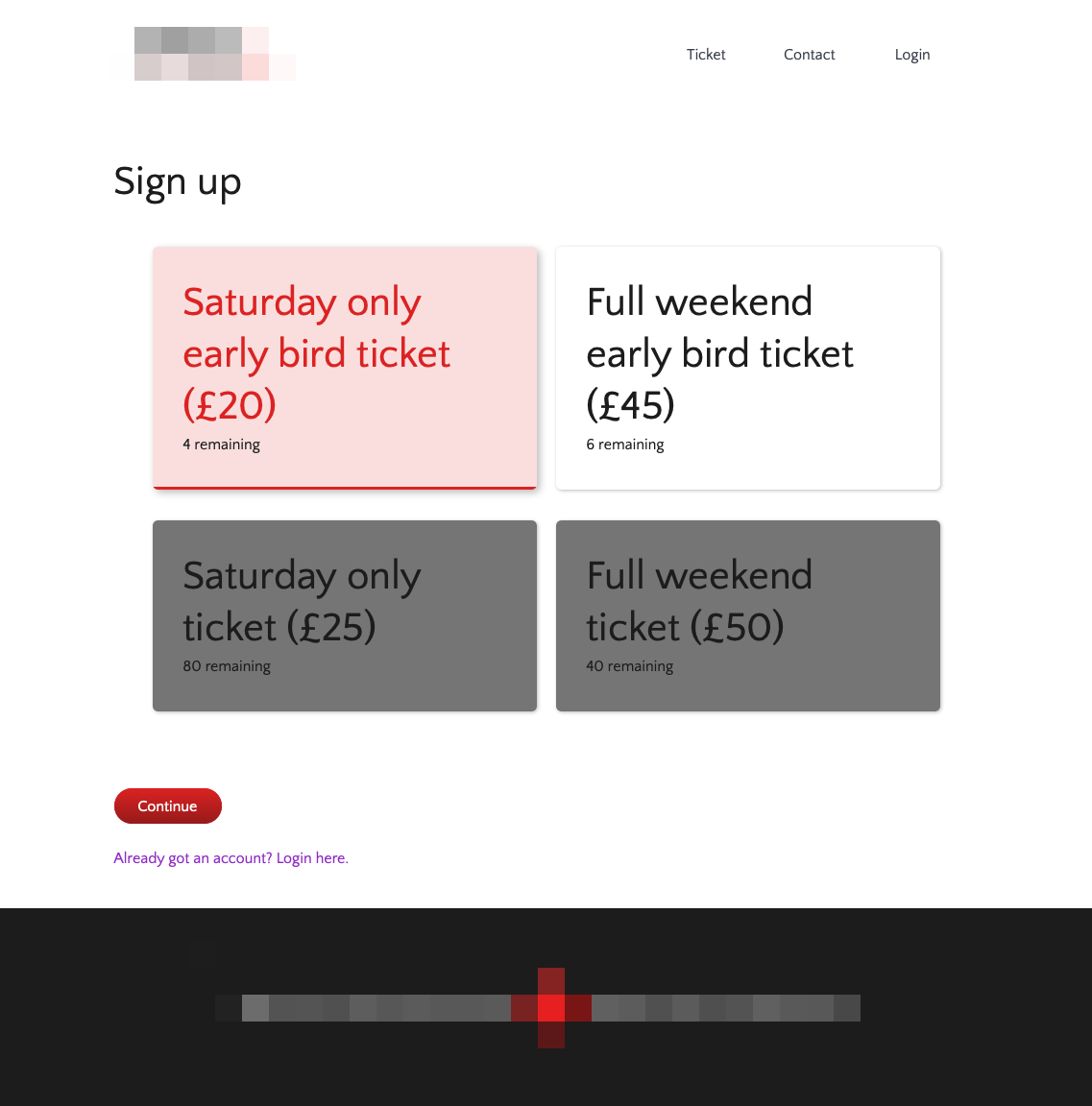 The EPICC conference ticket home page showing available tickets and their prices.