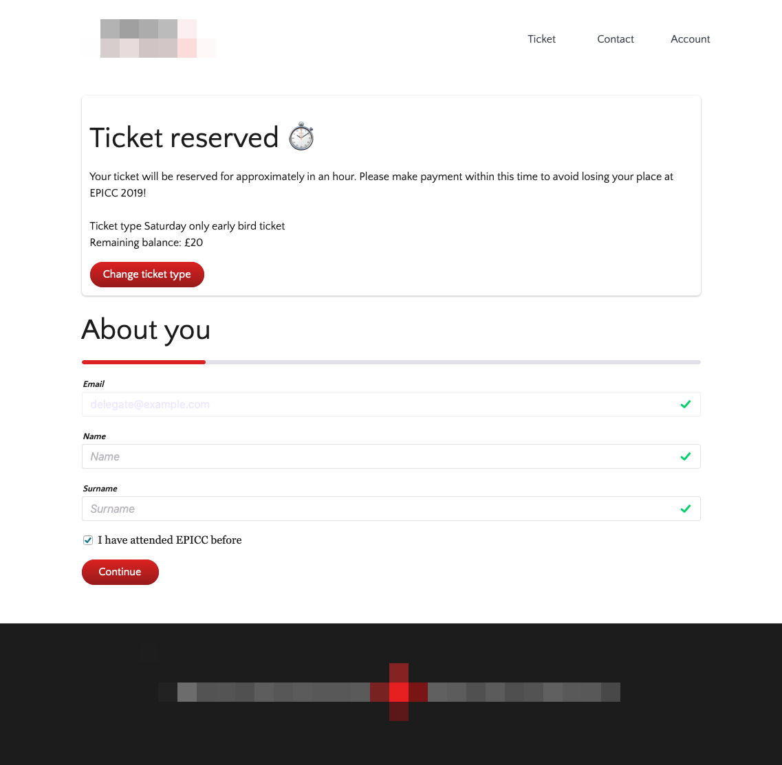 The EPICC conference ticket website showing a user their ticket reservation and asking for their registration details.
