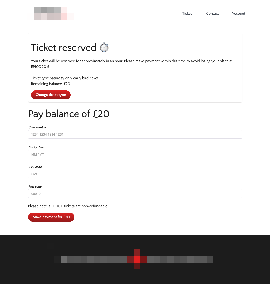 The EPICC conference ticket website payment page.
