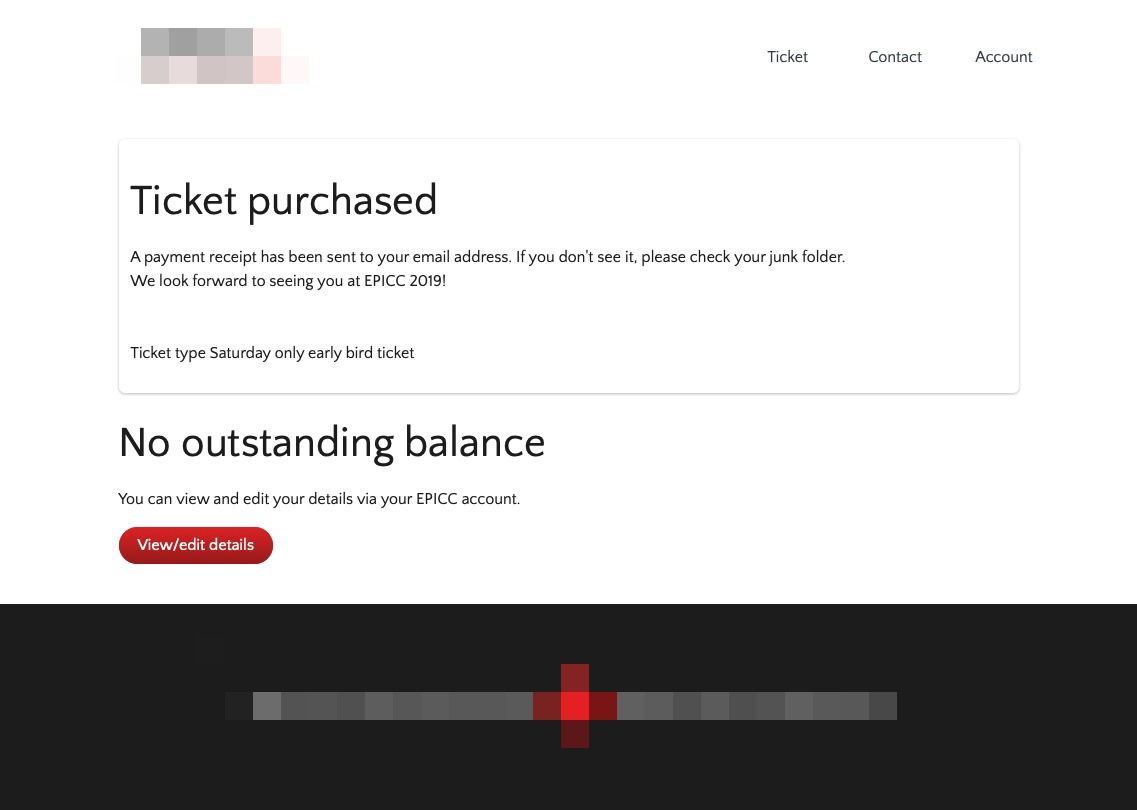 The EPICC conference ticket website showing a user their purchased ticket.