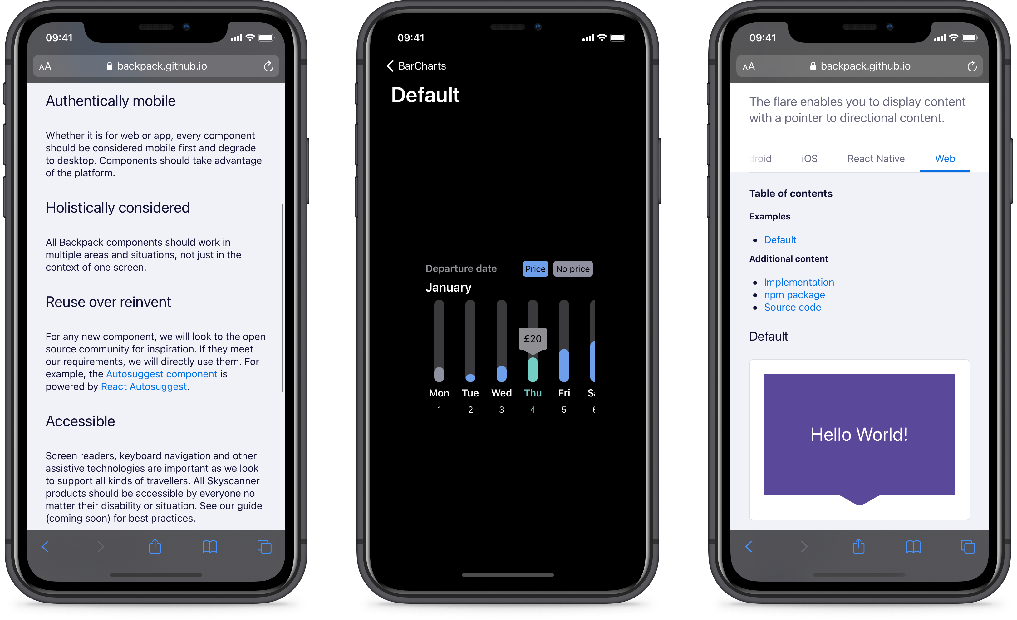 Screenshots of Backpack accessibility documentation, the bar chart component for iOS, and the flare component for web.