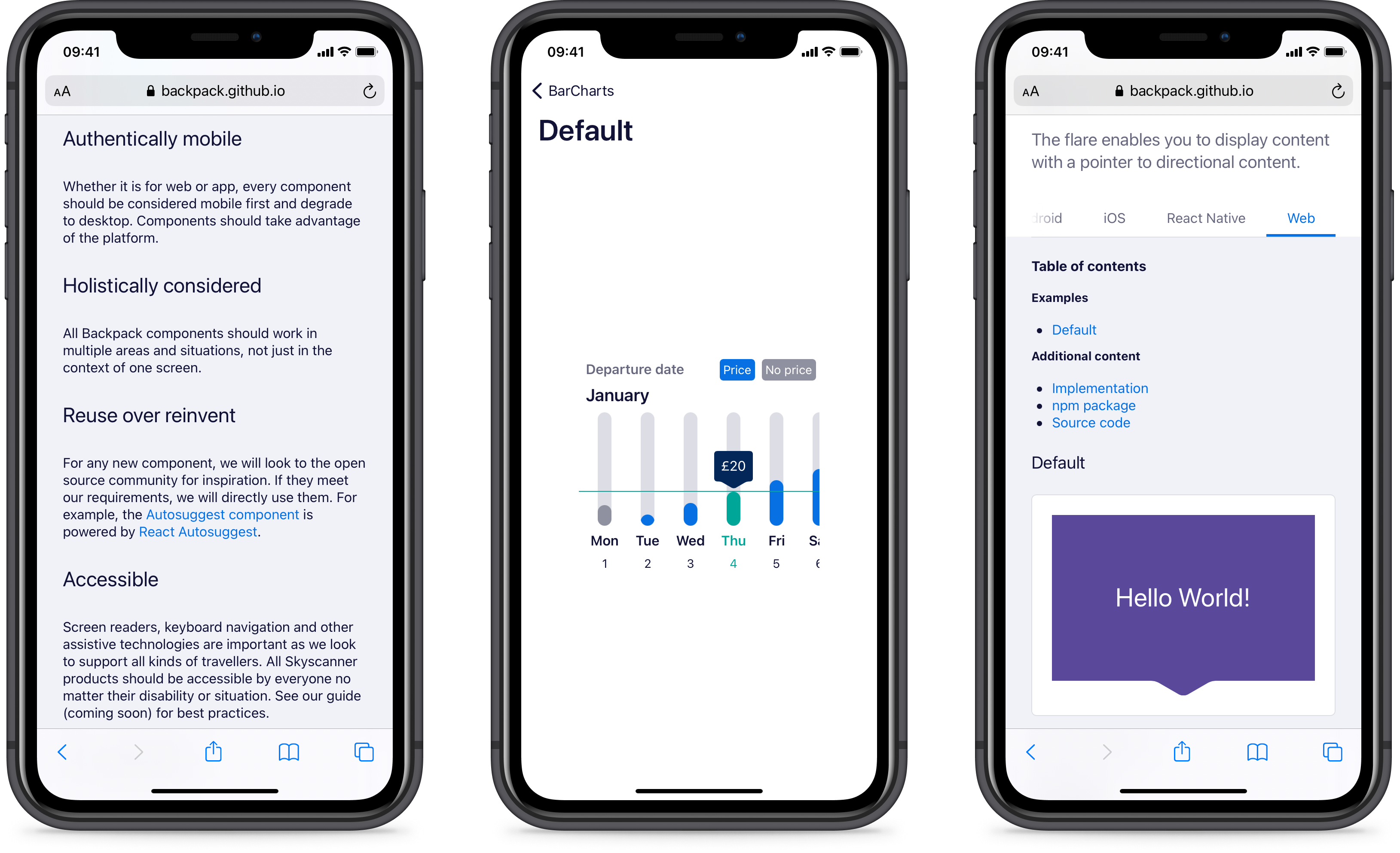 Screenshots of Backpack accessibility documentation, the bar chart component for iOS, and the flare component for web.