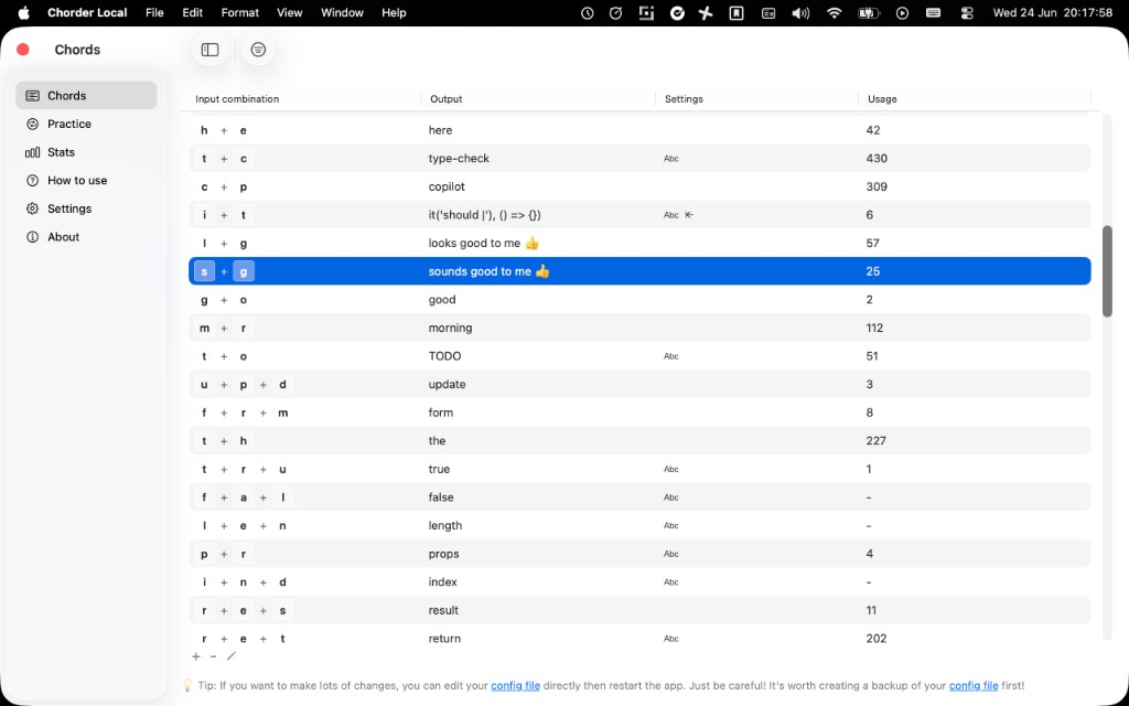 Chorder showing a list of keyboard chords and their text expansions.