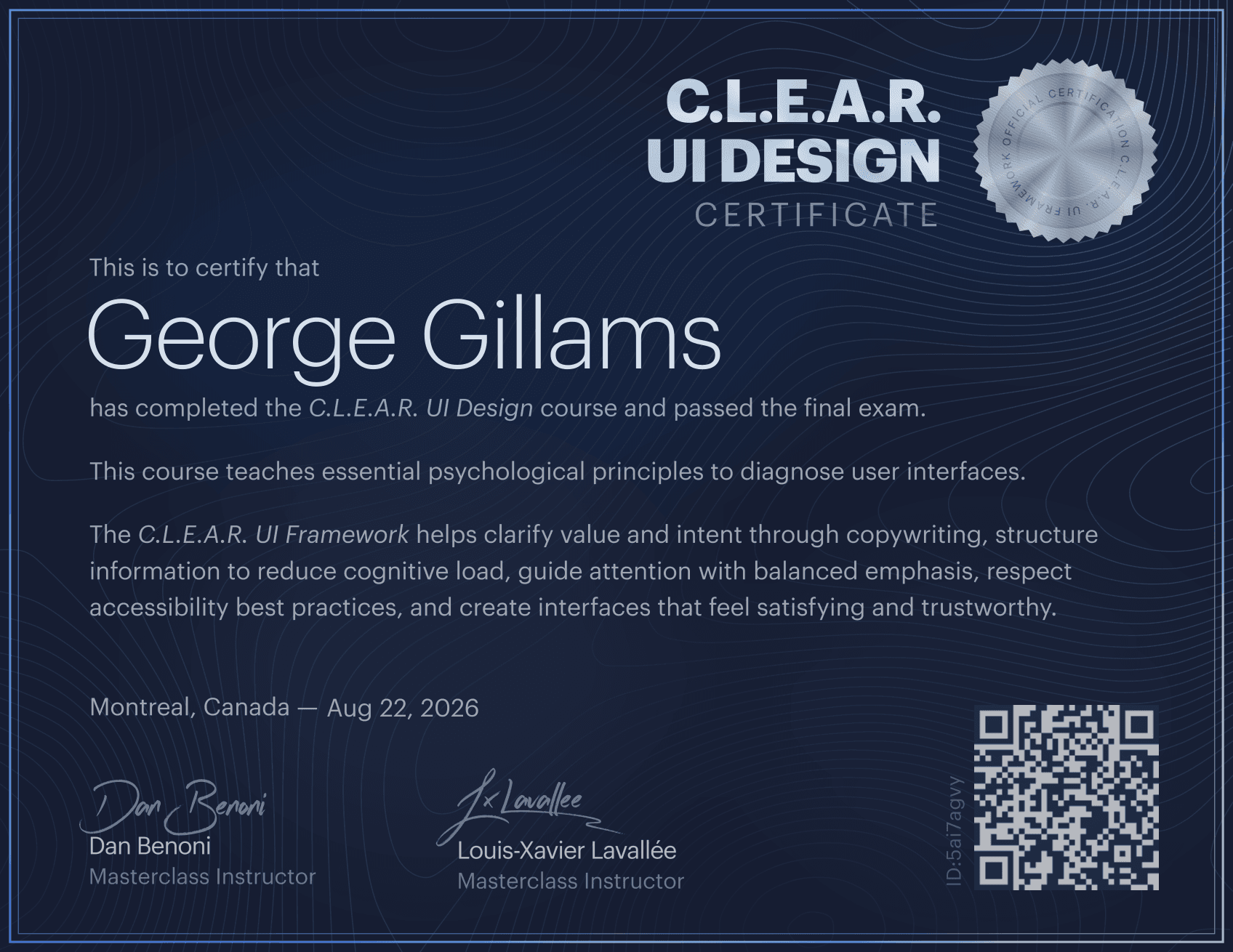 Certificate of Completion of growth.design's CLEAR UI Masterclass.