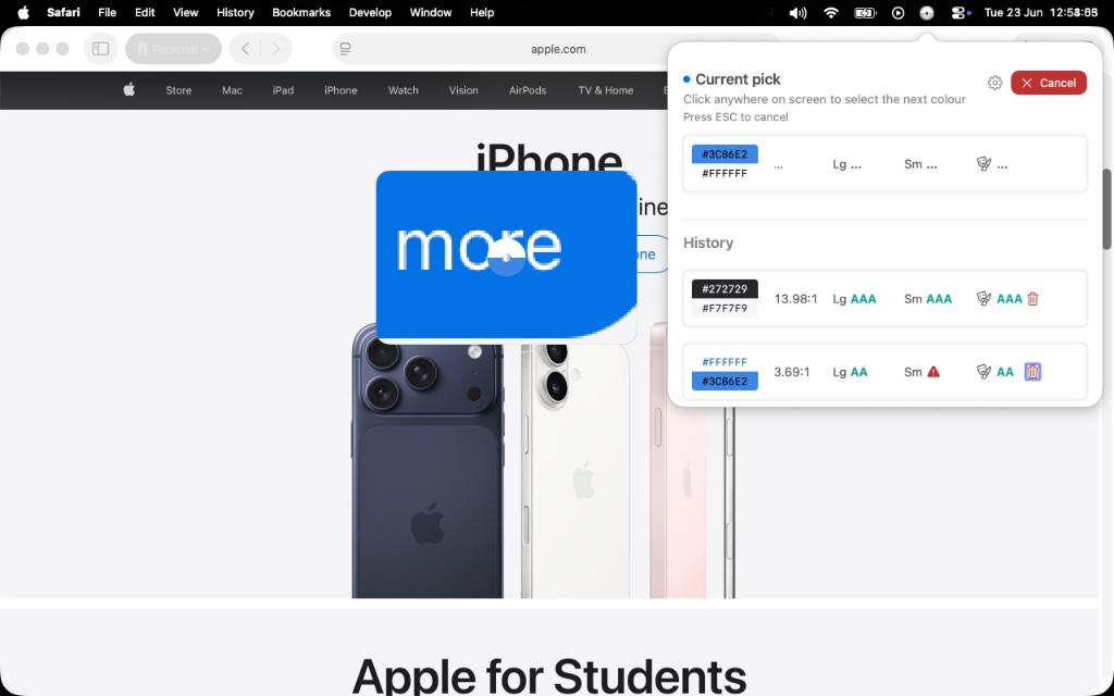 Contraster picking colours from a webpage and showing WCAG contrast results.
