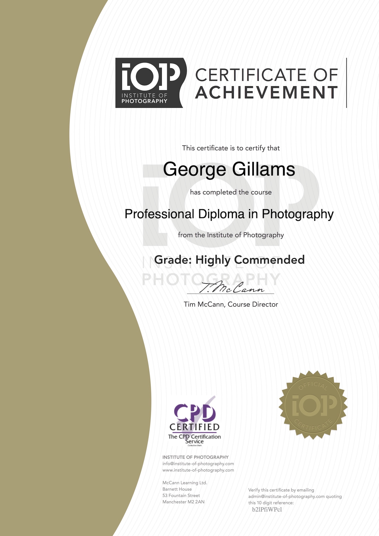 Certificate of Completion of the Professional Diploma in Photography.