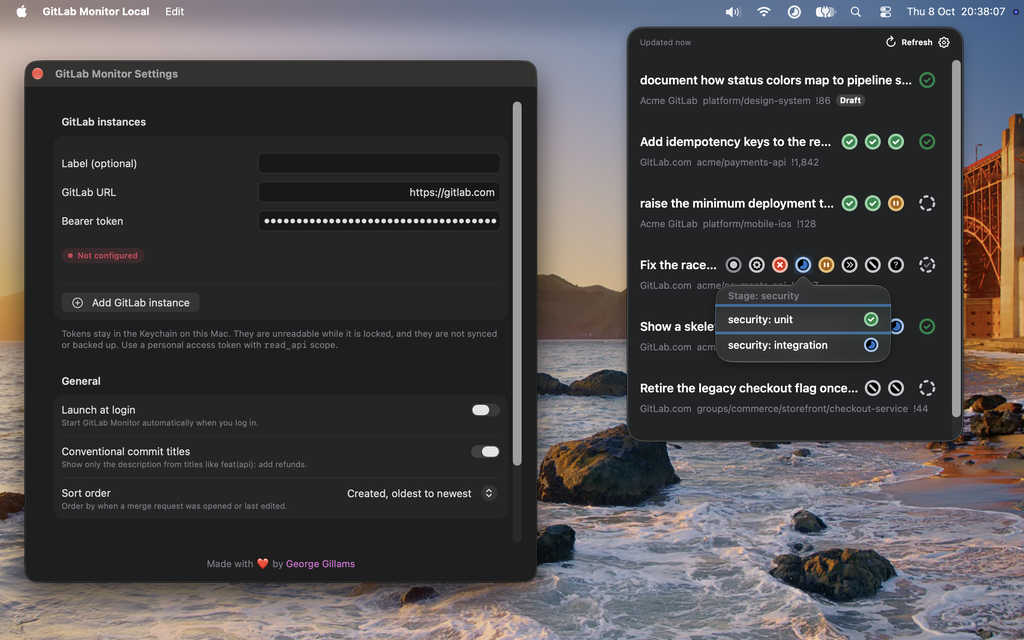 GitLab Monitor showing merge request pipeline and review status beside its settings window.