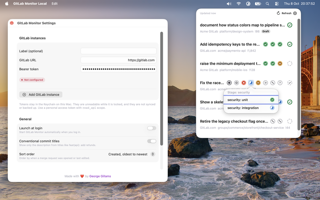 GitLab Monitor showing merge request pipeline and review status beside its settings window.