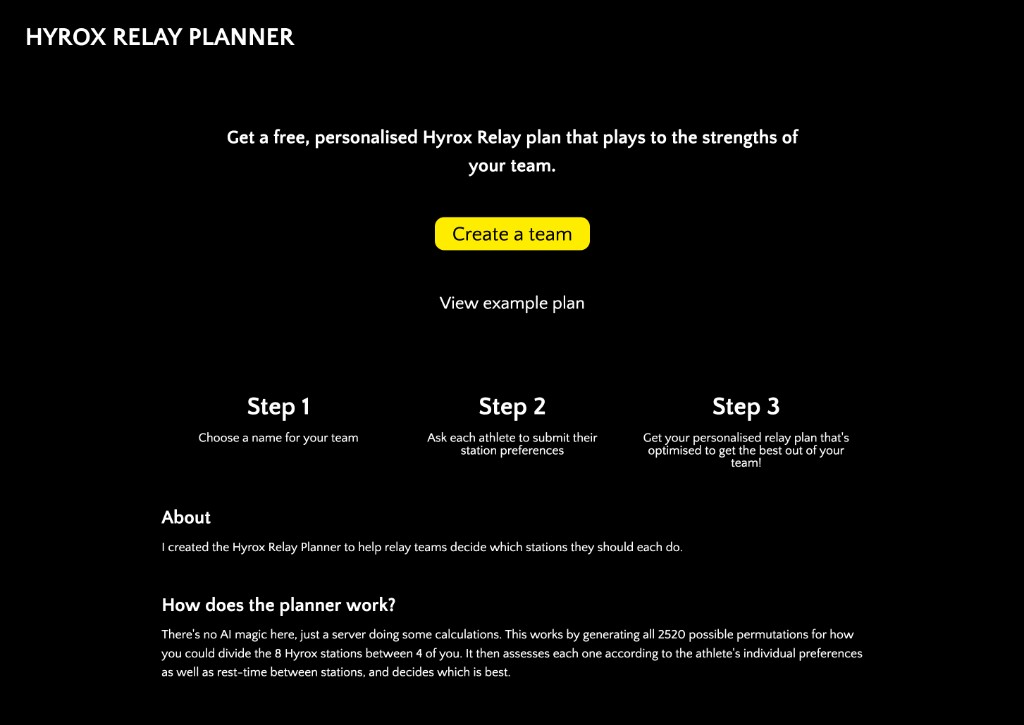 Hyrox Relay Planner homepage with a call to create a team and three planning steps.