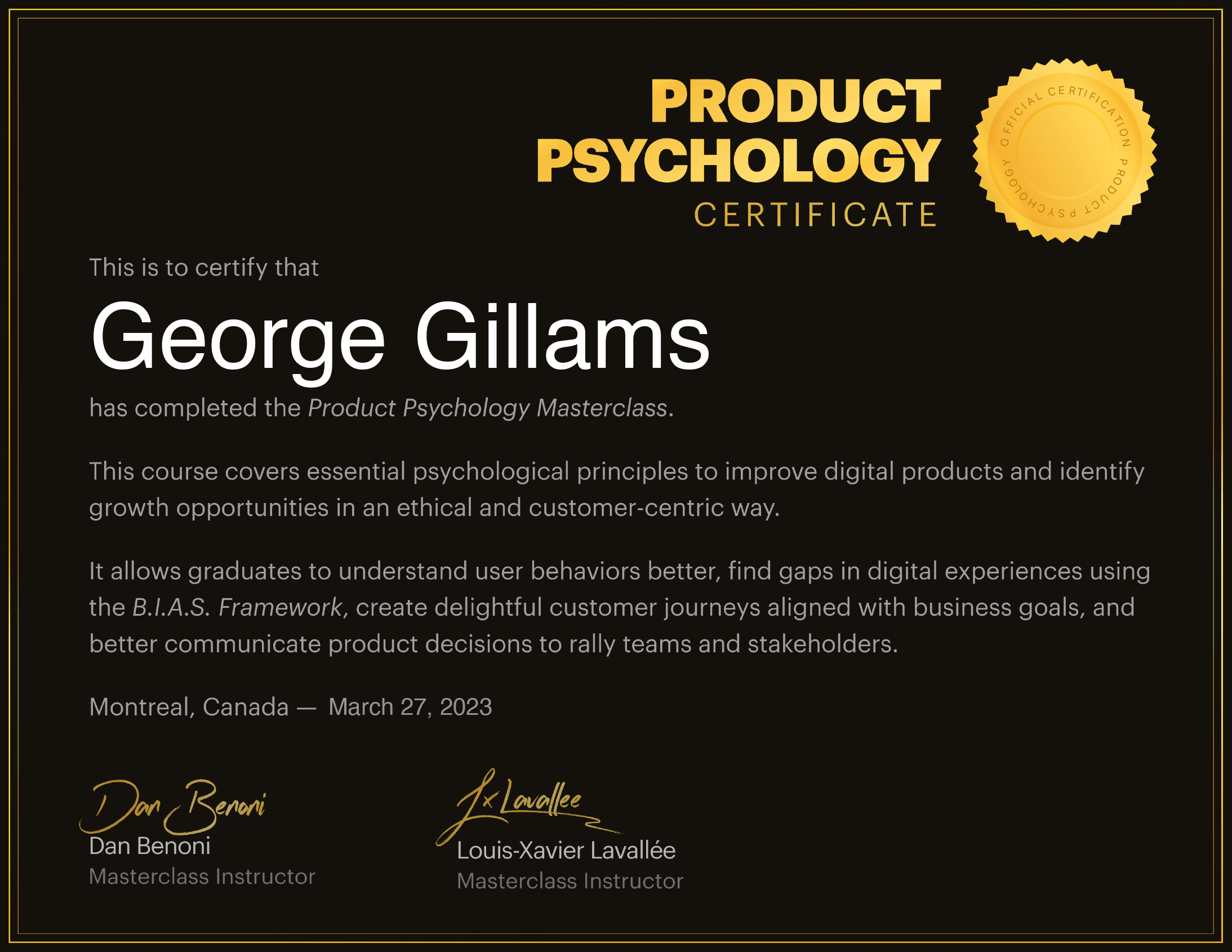 Certificate of Completion of growth.design's Product Psychology Masterclass.