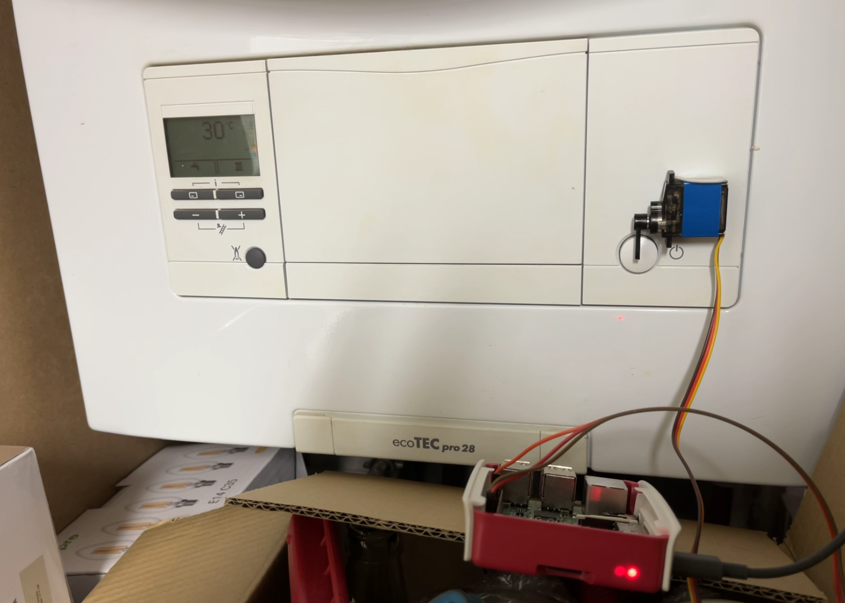 The Raspberry Pi controlled servo attached to the boiler