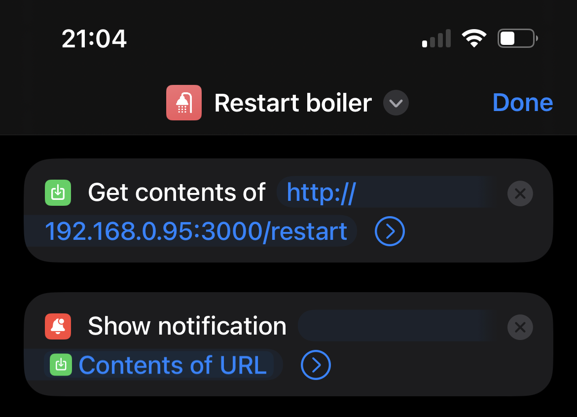 The iOS shortcut configuration