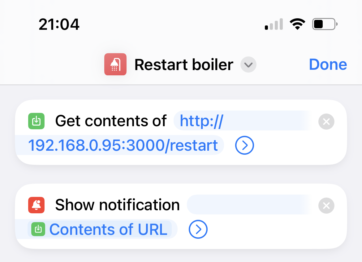 The iOS shortcut configuration